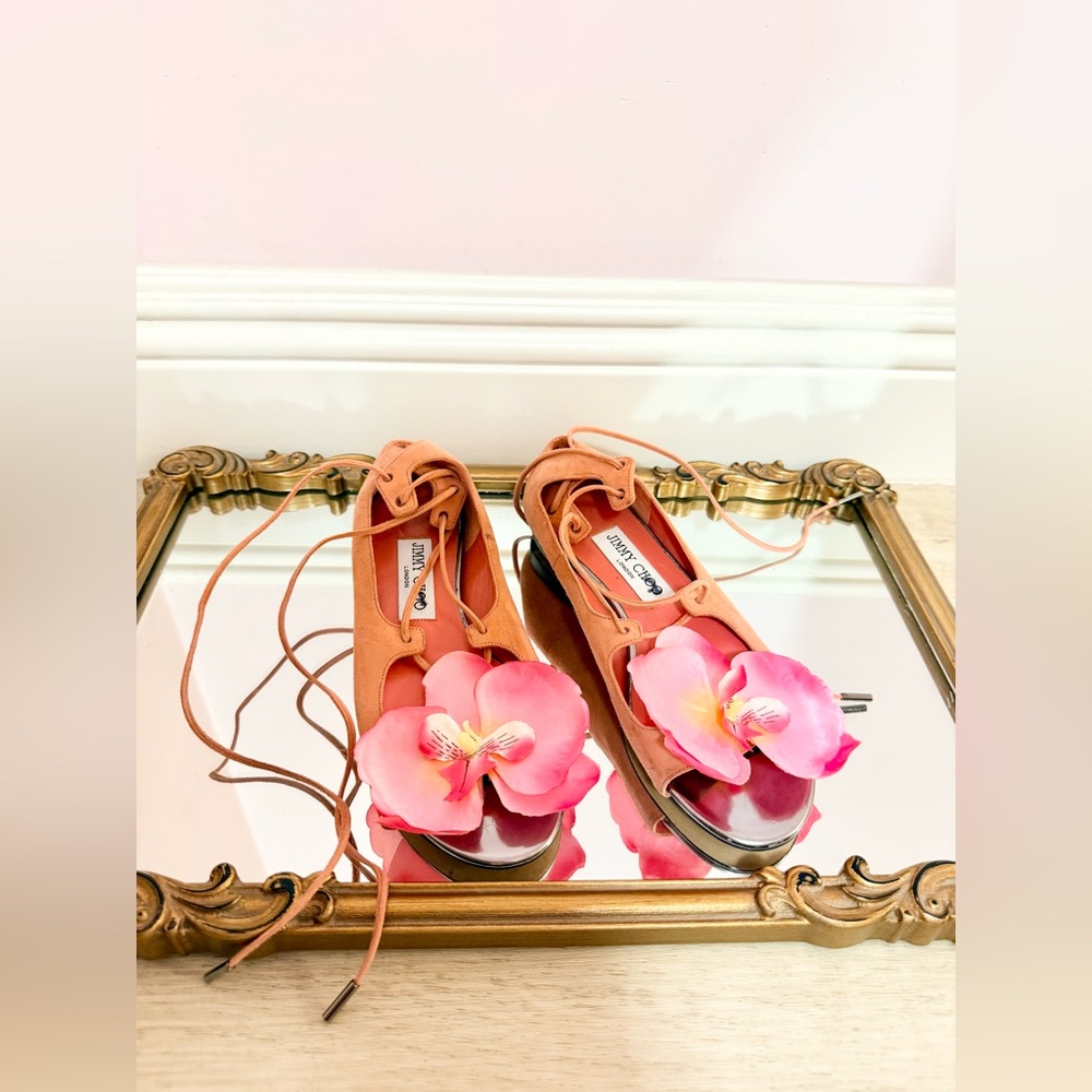 Vintage Jimmy Choo Pink Flats Sandals Orchid Flowers 5.5 Suede Wrap Straps Tie
